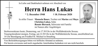 Traueranzeige Hans Lukas