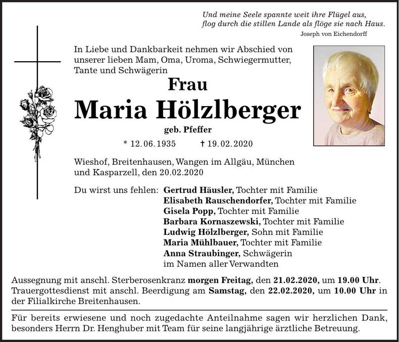 Traueranzeige Maria Hölzlberger