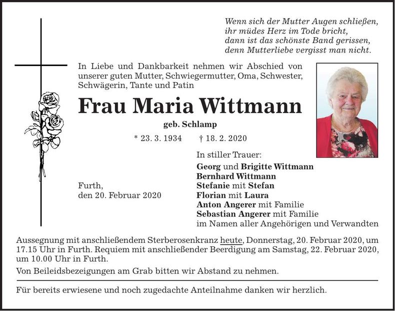 Traueranzeige Maria Wittmann