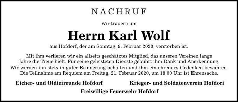Traueranzeige Karl Wolf