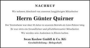Traueranzeige Günter Quirner