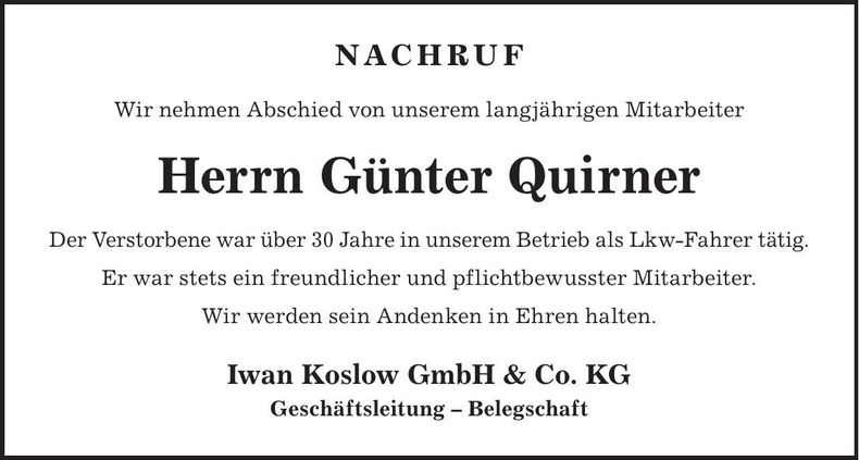 Traueranzeige Günter Quirner