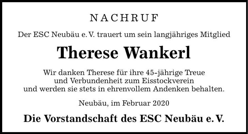 Traueranzeige Therese Wankerl