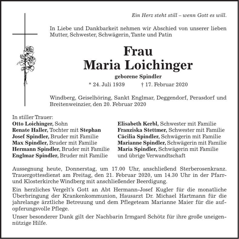 Traueranzeige Maria Loichinger