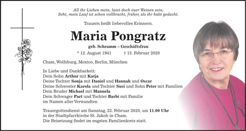 Traueranzeige Maria Pongratz