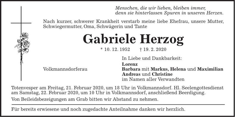 Traueranzeige Gabriele Herzog