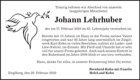 Traueranzeige Johann Lehrhuber