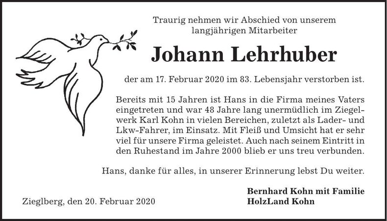 Traueranzeige Johann Lehrhuber