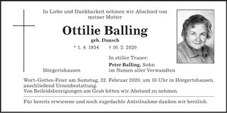 Traueranzeige Ottilie Balling