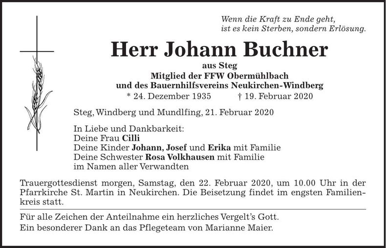 Traueranzeige Johann Buchner