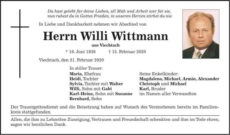 Traueranzeige Willi Wittmann