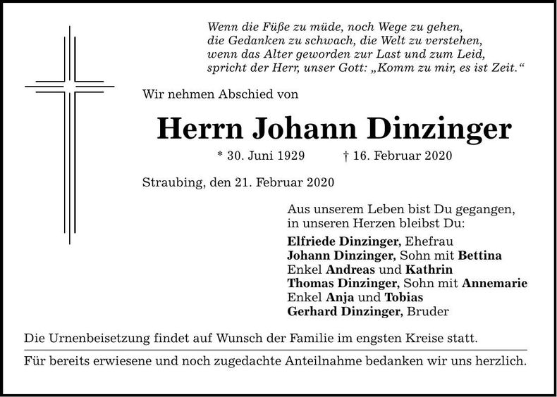 Traueranzeige Johann Dinzinger