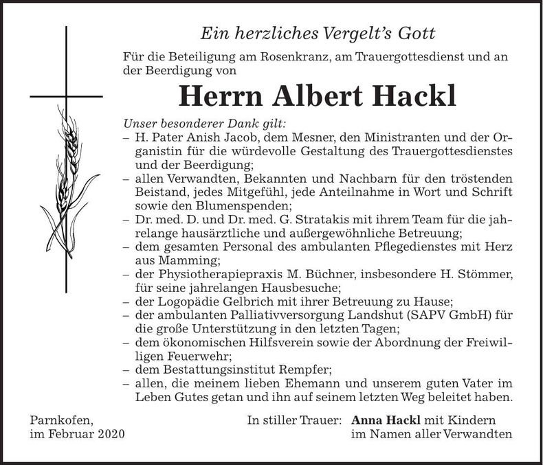Traueranzeige Albert Hackl