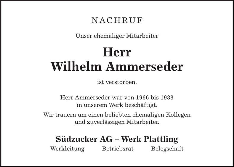Traueranzeige Wilhelm Ammerseder