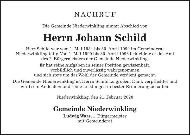 Traueranzeige Johann Schild