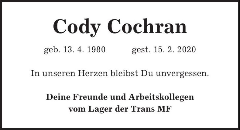Traueranzeige Cody Cochran