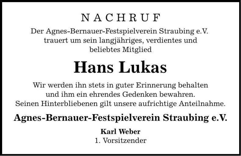 Traueranzeige Hans Lukas
