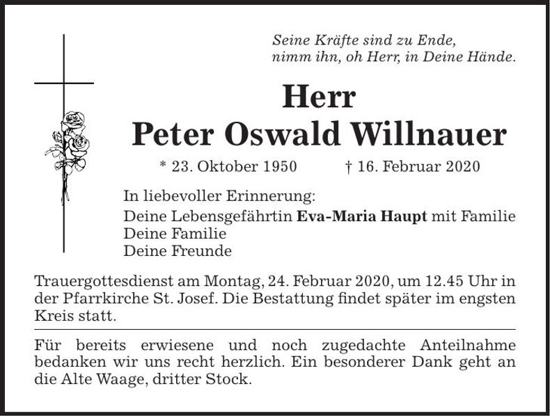 Traueranzeige Peter Oswald Willnauer