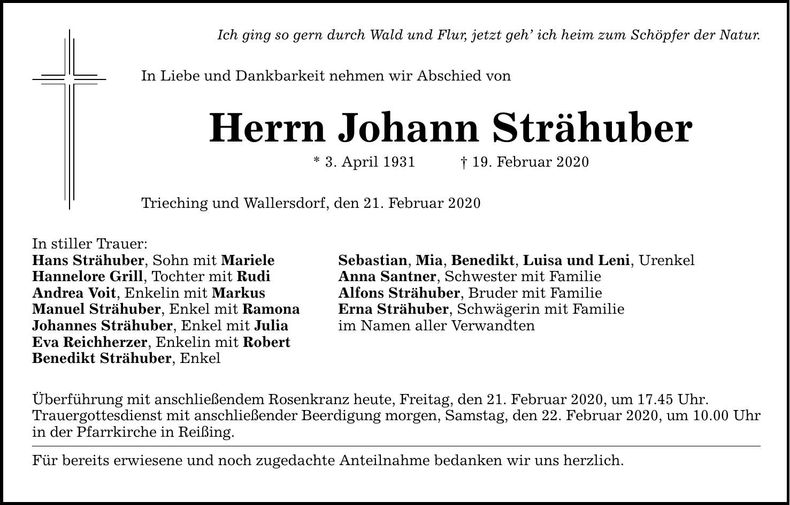 Traueranzeige Johann Strähuber