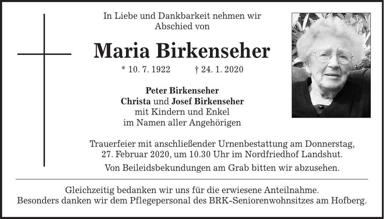 Traueranzeige Maria Birkenseher