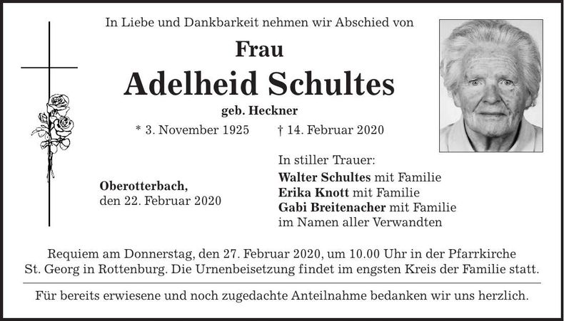 Traueranzeige Adelheid Schultes