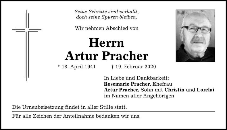 Traueranzeige Artur Pracher