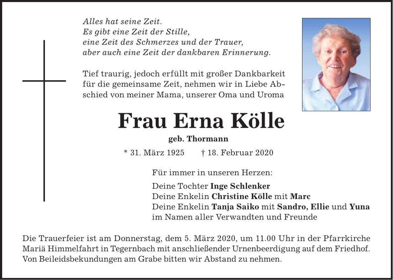 Traueranzeige Erna Kölle