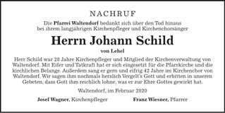 Traueranzeige Johann Schild