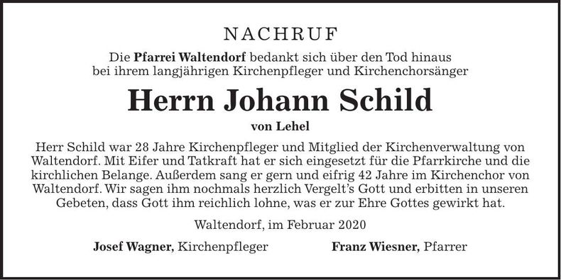 Traueranzeige Johann Schild