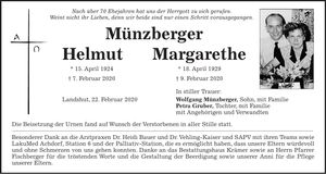 Traueranzeige Helmut, Margarethe Münzberger