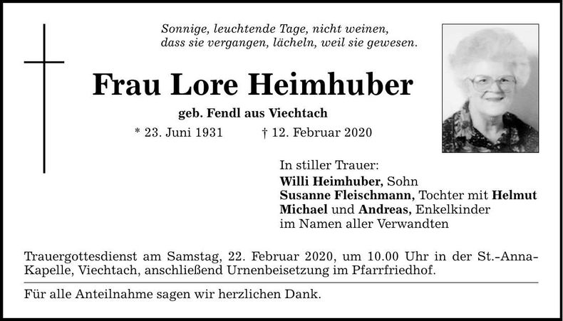 Traueranzeige Lore Heimhuber