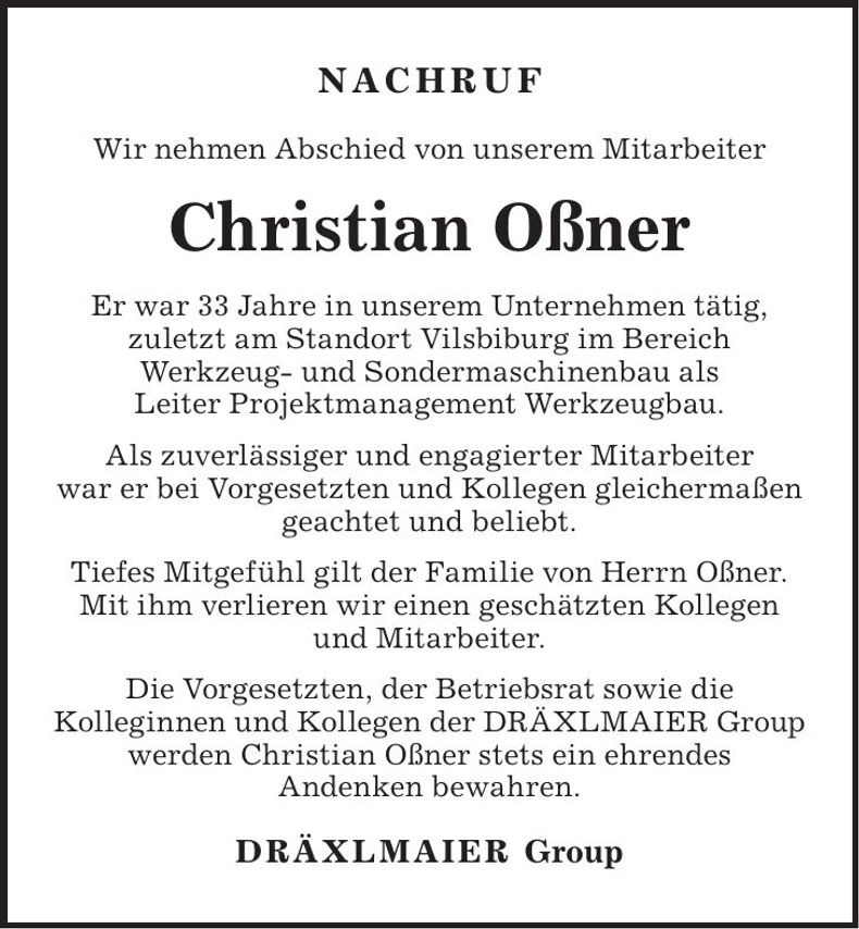 Traueranzeige Christian Oßner