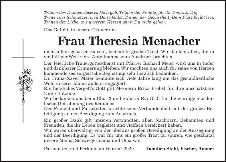 Traueranzeige Theresia Menacher
