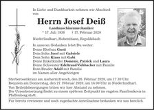 Traueranzeige Josef Deiß