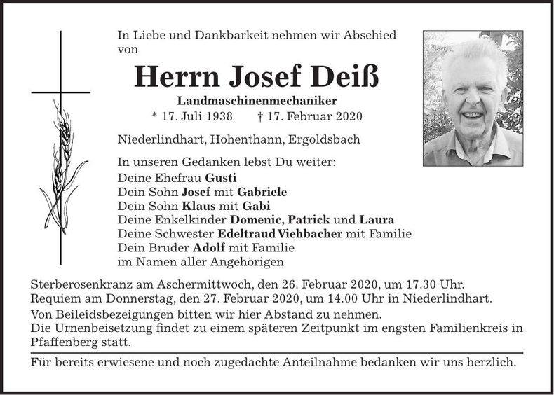 Traueranzeige Josef Deiß