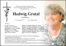 Traueranzeige Hedwig Gratzl
