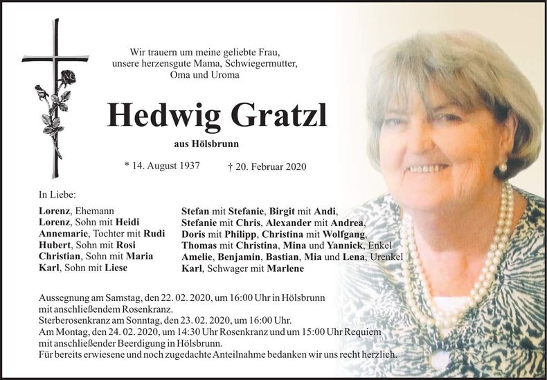 Traueranzeige Hedwig Gratzl