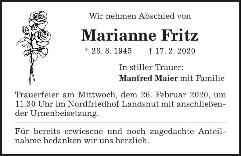 Traueranzeige Marianne Fritz
