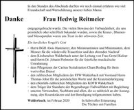 Traueranzeige Hedwig Reitmeier