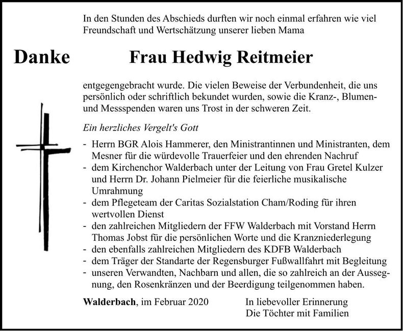 Traueranzeige Hedwig Reitmeier