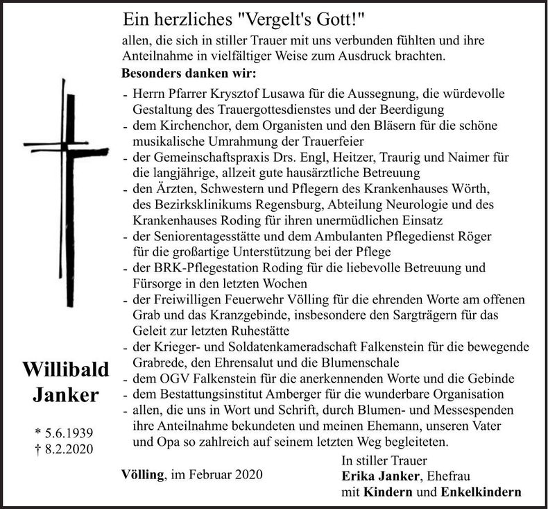 Traueranzeige Willibald Janker
