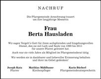 Traueranzeige Berta Hausladen