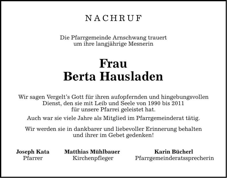Traueranzeige Berta Hausladen