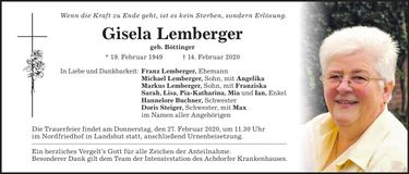 Traueranzeige Gisela Lemberger
