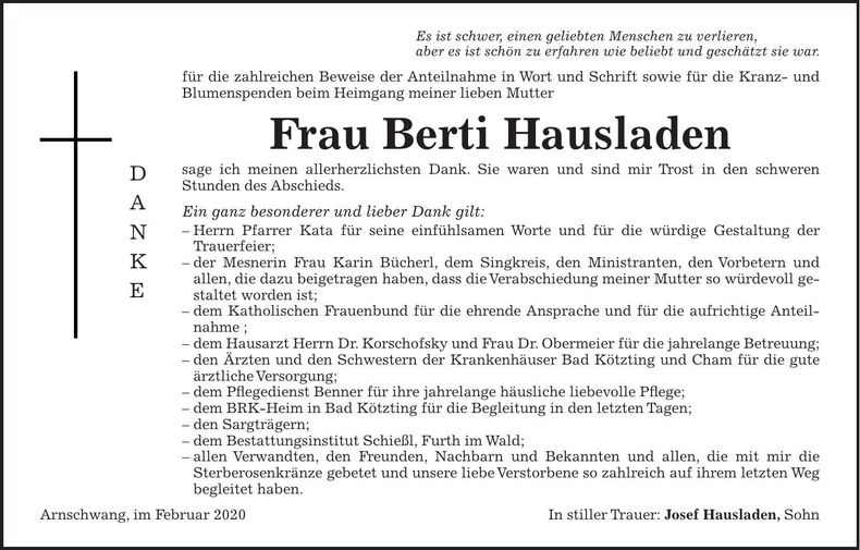Traueranzeige Berti Hausladen