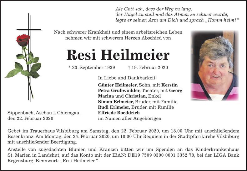 Traueranzeige Resi Heilmeier