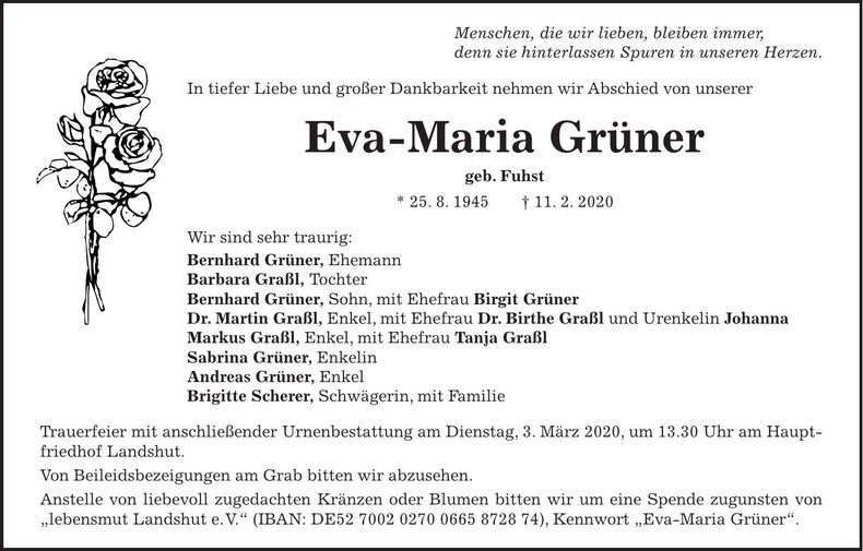 Traueranzeige Eva-Maria Grüner