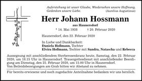 Traueranzeige Johann Hossmann