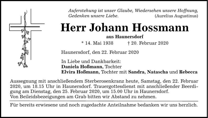 Traueranzeige Johann Hossmann