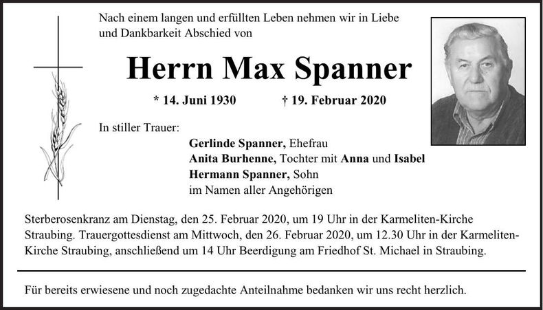 Traueranzeige Max Spanner